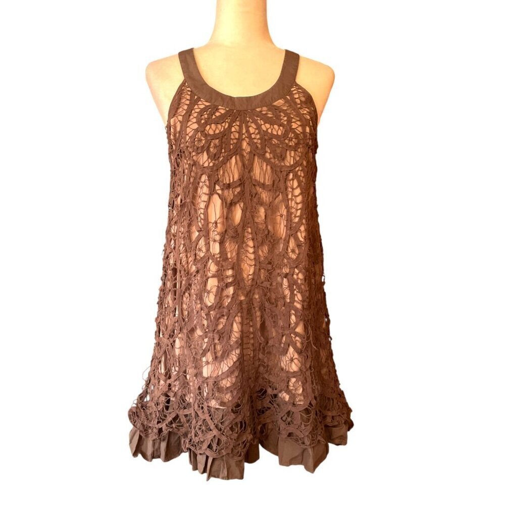 Modcloth RYU Brown Crochet Sleeveless Dress Boho Chic Fairycore SZ L